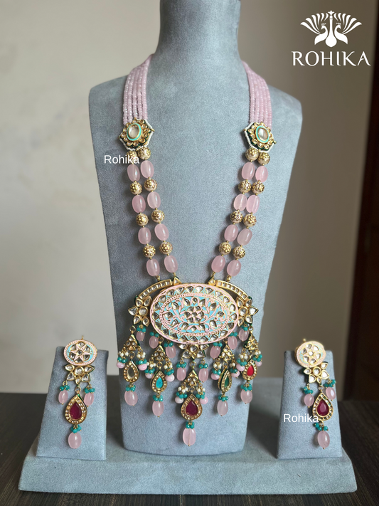 Raagini meenakari kundan long necklace - Light Pink