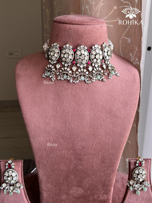 Yamini Moisanite Choker Necklace Set - Ruby & Mint Green