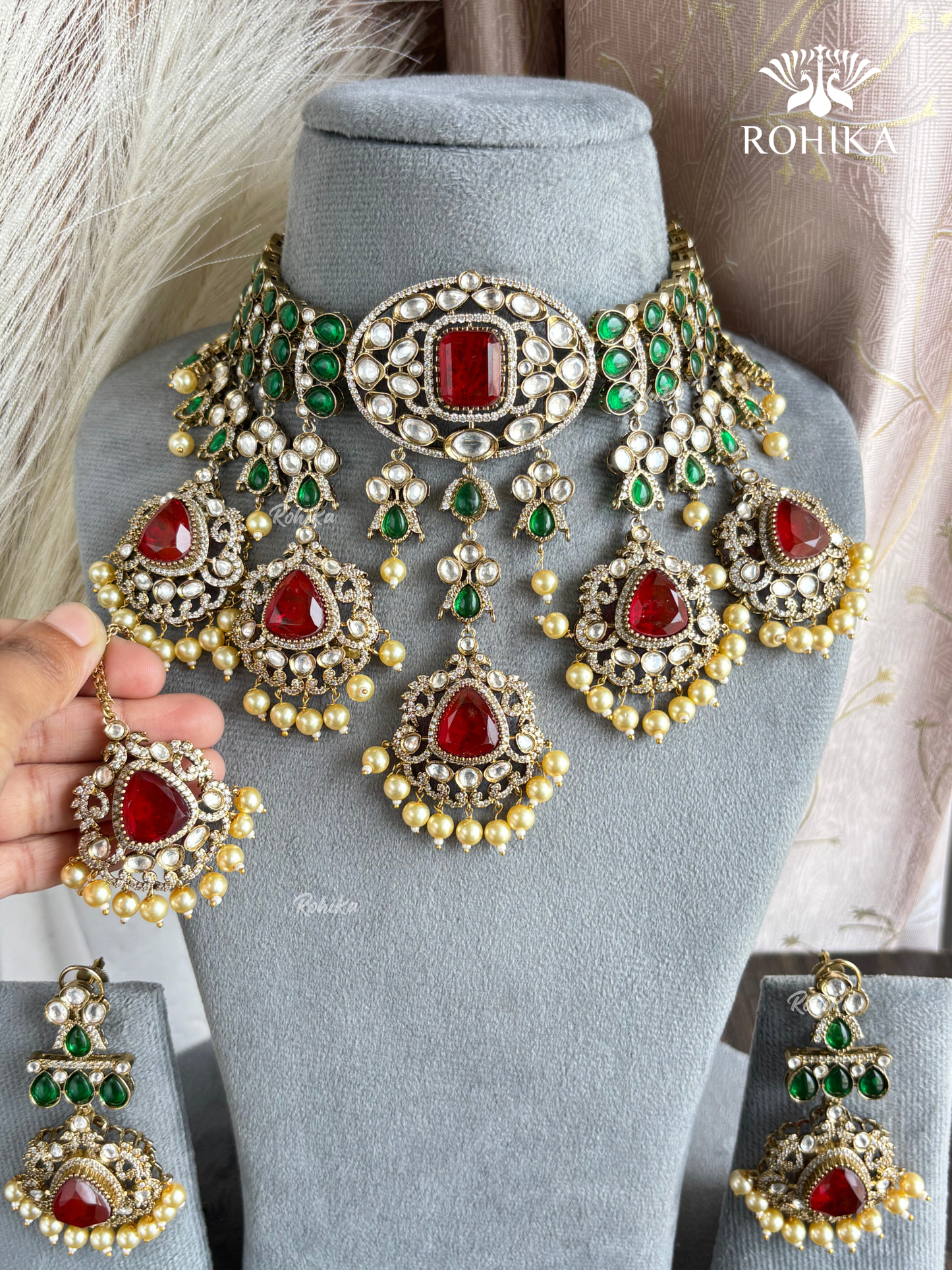 Tulsi Polki Kundan Bridal Necklace Set - Red