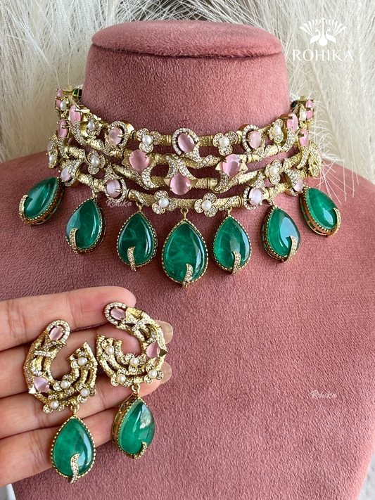 Floral choker set - Pink & Dark green