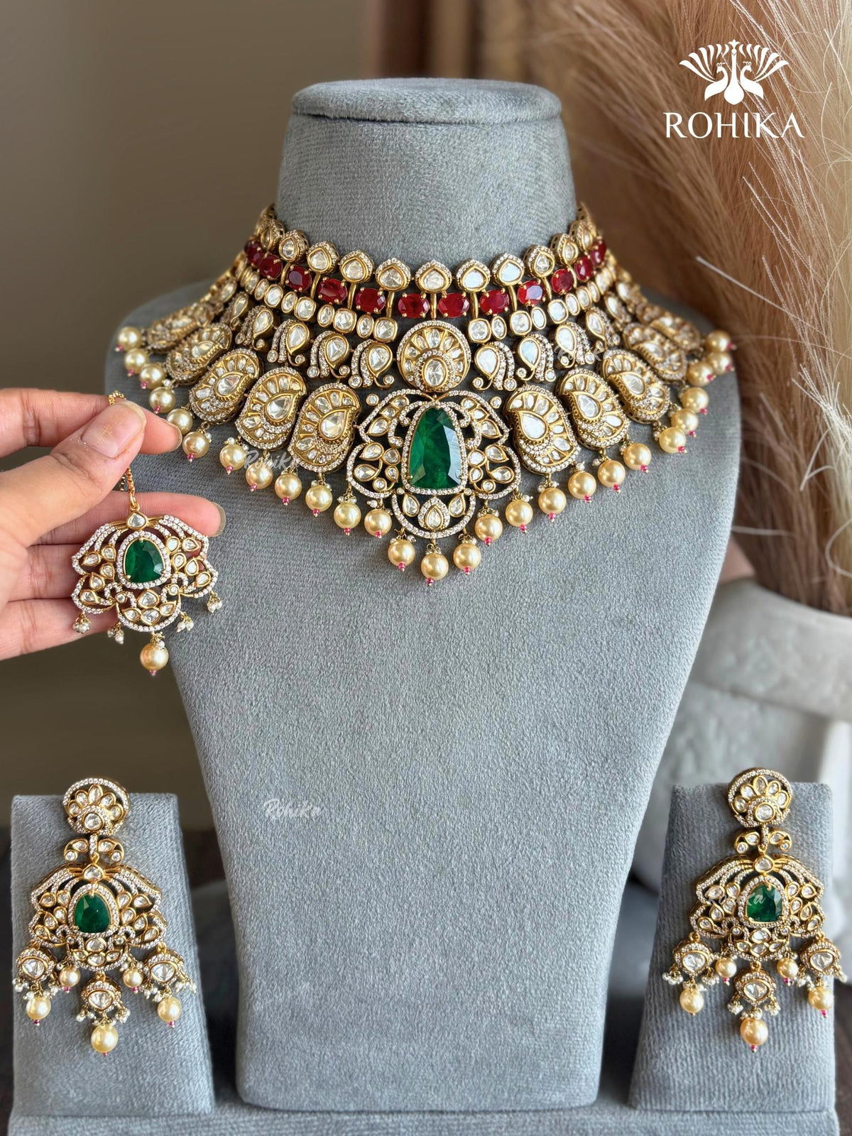 Mira Moisanite Bridal Necklace Set - Green