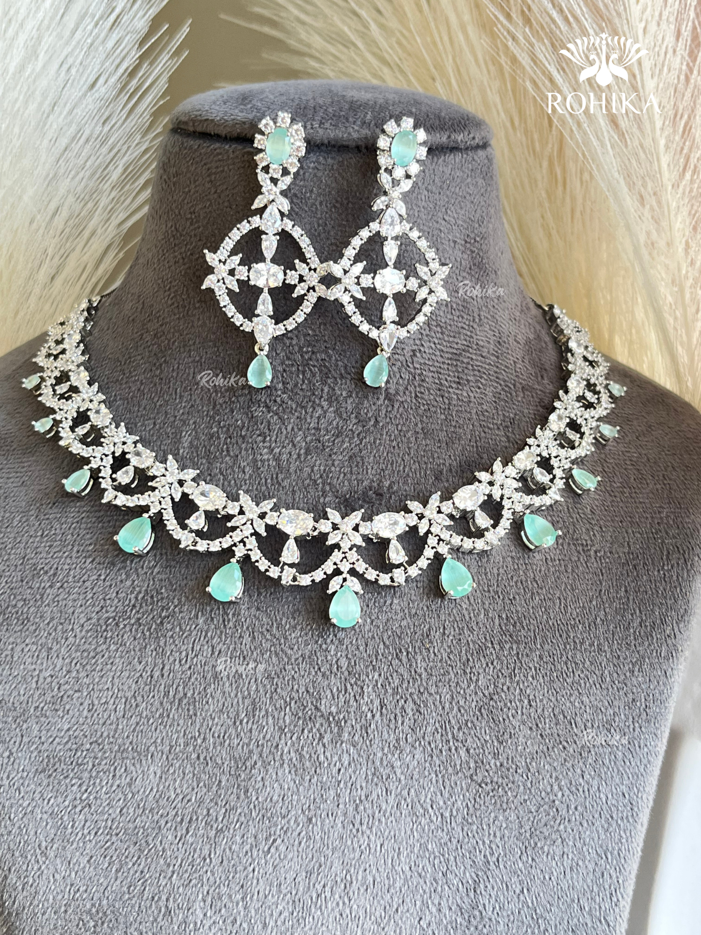 Hinaya American diamond necklace set - Mint green