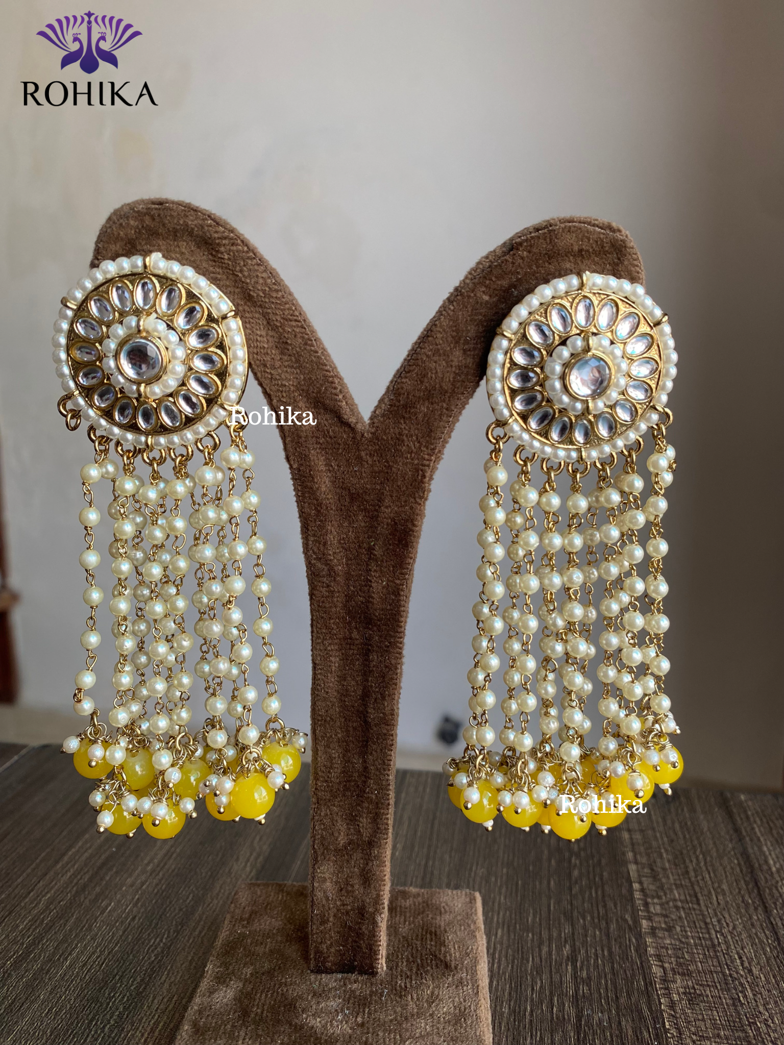 Pearl kundan earrings - Yellow