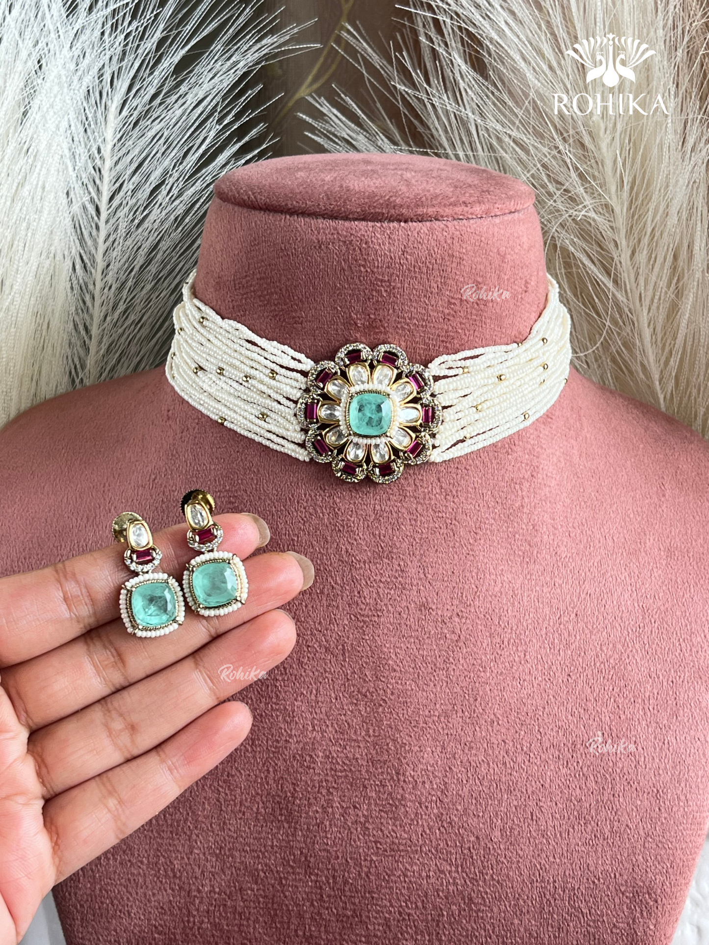 Akshita Moisanite Choker Set - Mint Green