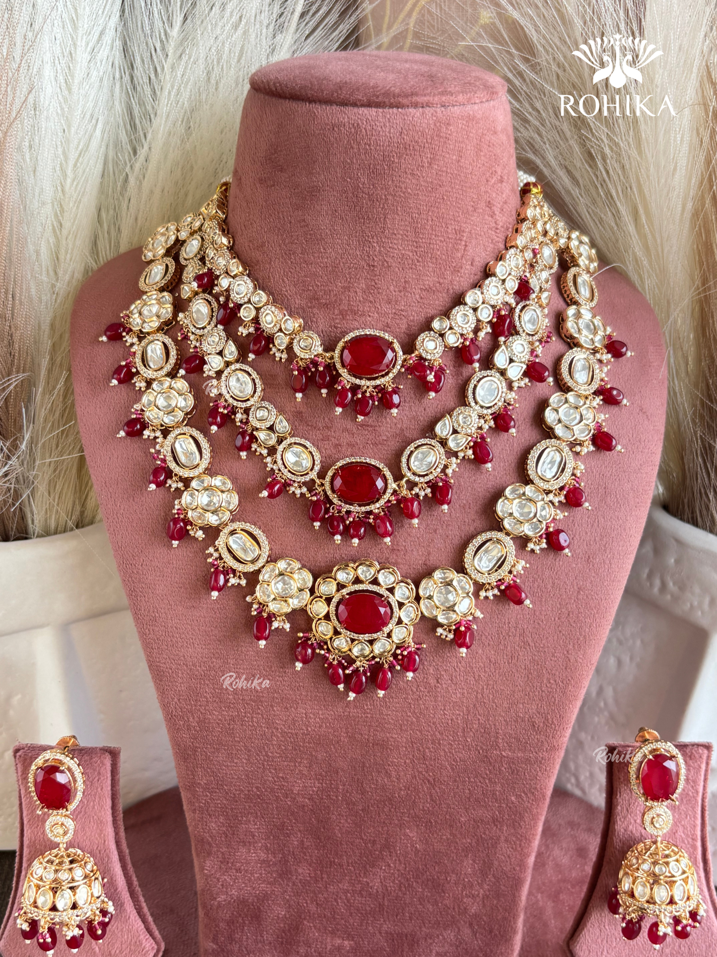 Aarvi Polki kundan long necklace set - Red