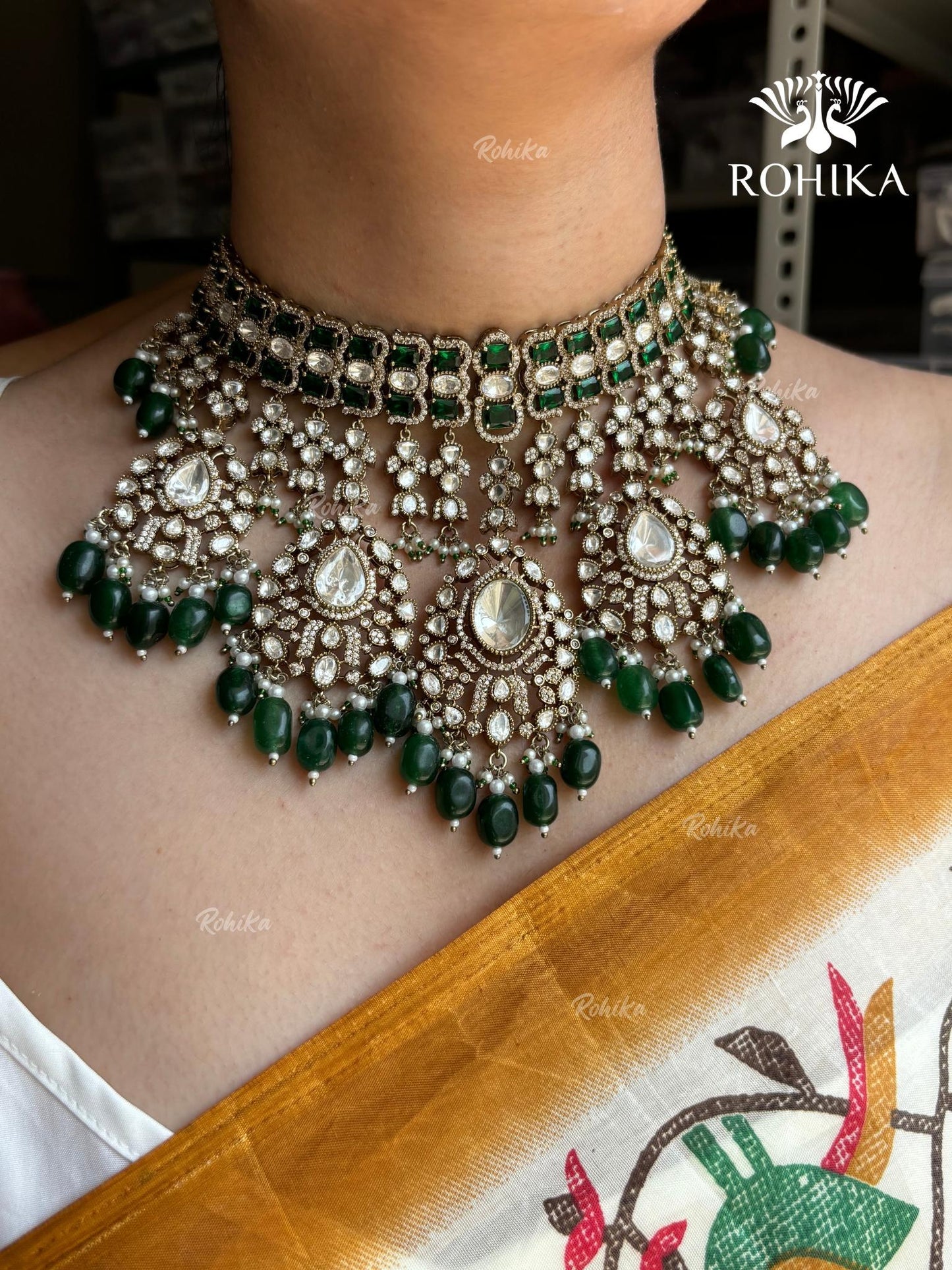 Anokhi Polki Kundan Bridal Necklace Set - Dark green