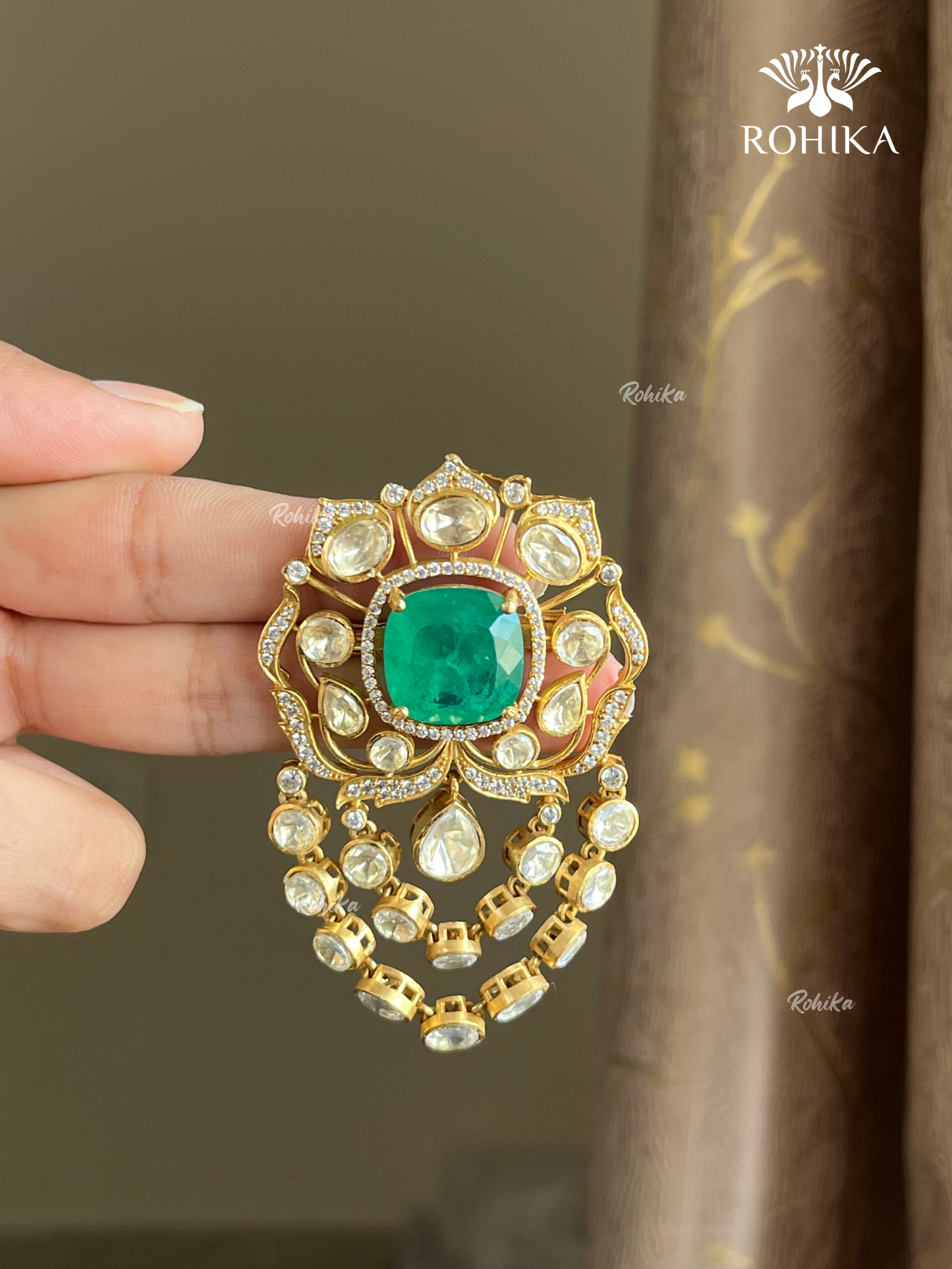 Moisanite kundan Brooch (BR-001) - Dark Green