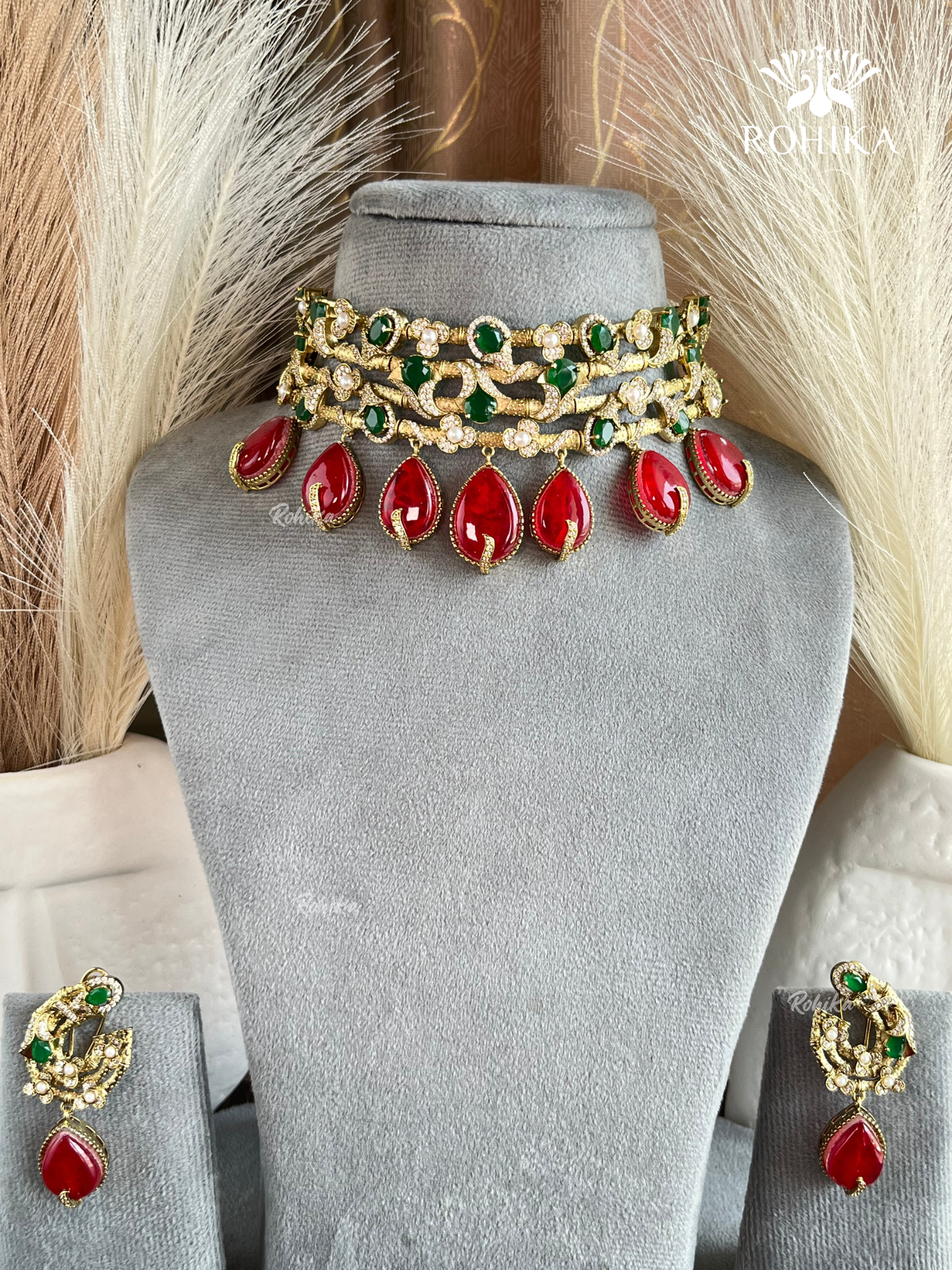 Floral choker set -  Dark green & ruby red