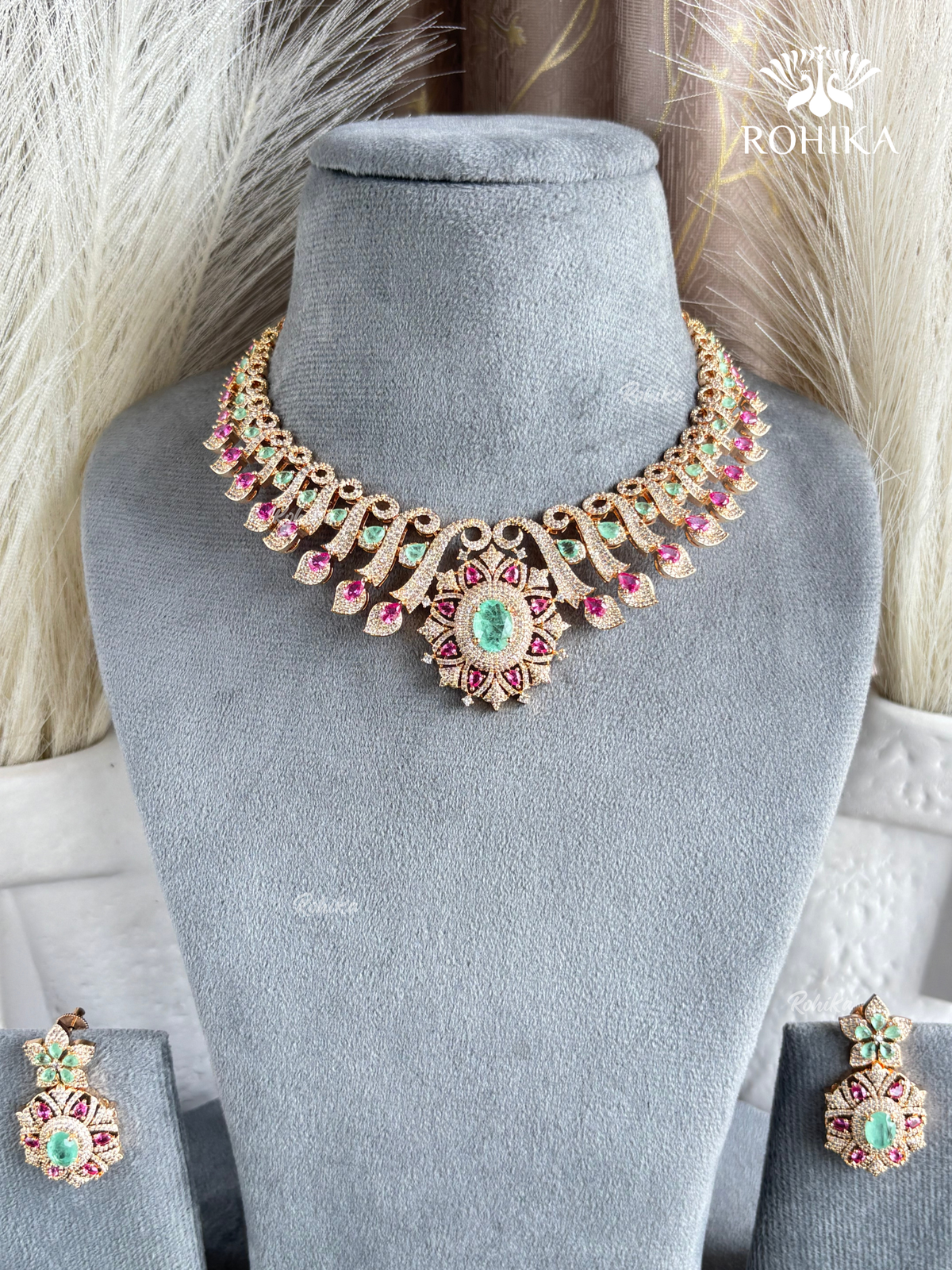 Sarisha AD doublet necklace set - Pink & Mint Green