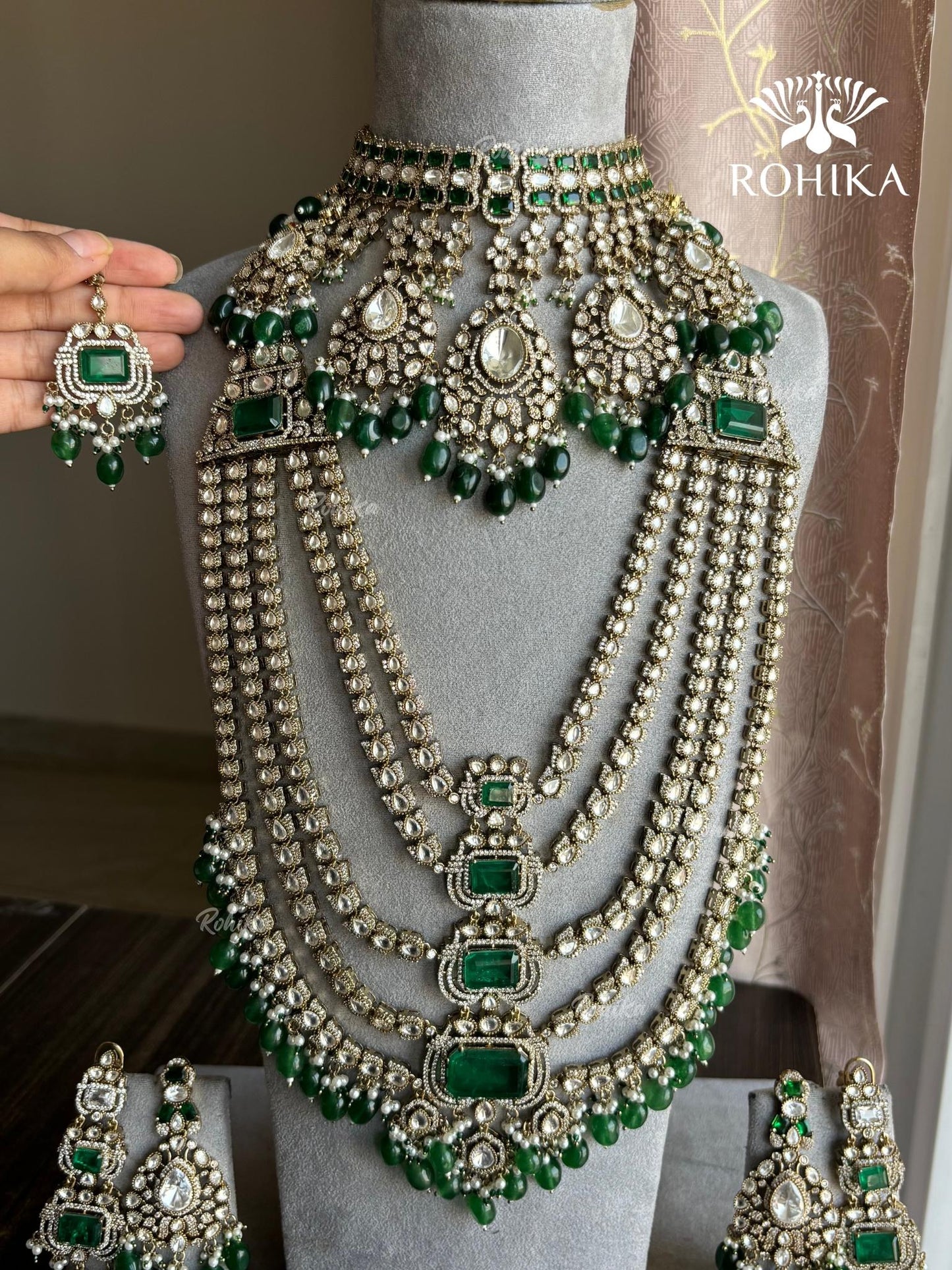 Anvika Polki Kundan Bridal Combo Set - Dark Green