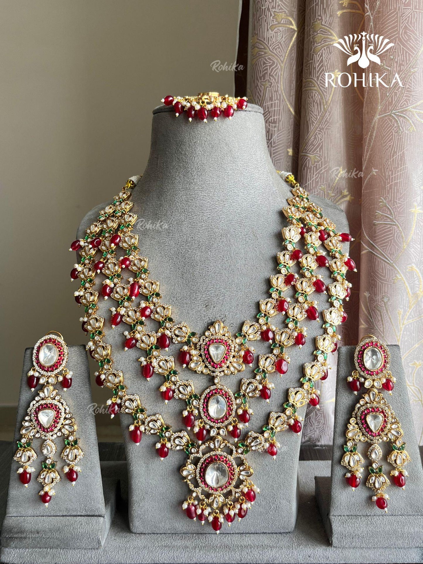 Pranali polki kundan long necklace set  - Red