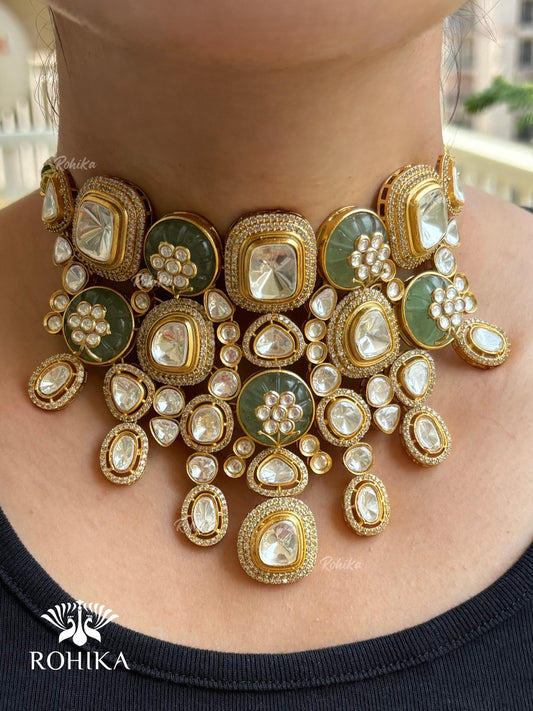 Ishq Moisanite Polki Kundan Necklace Set - Mint Green