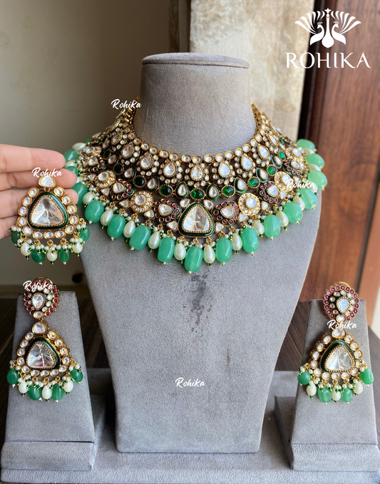 Tapasya polki kundan bridal necklace set - Mint Green