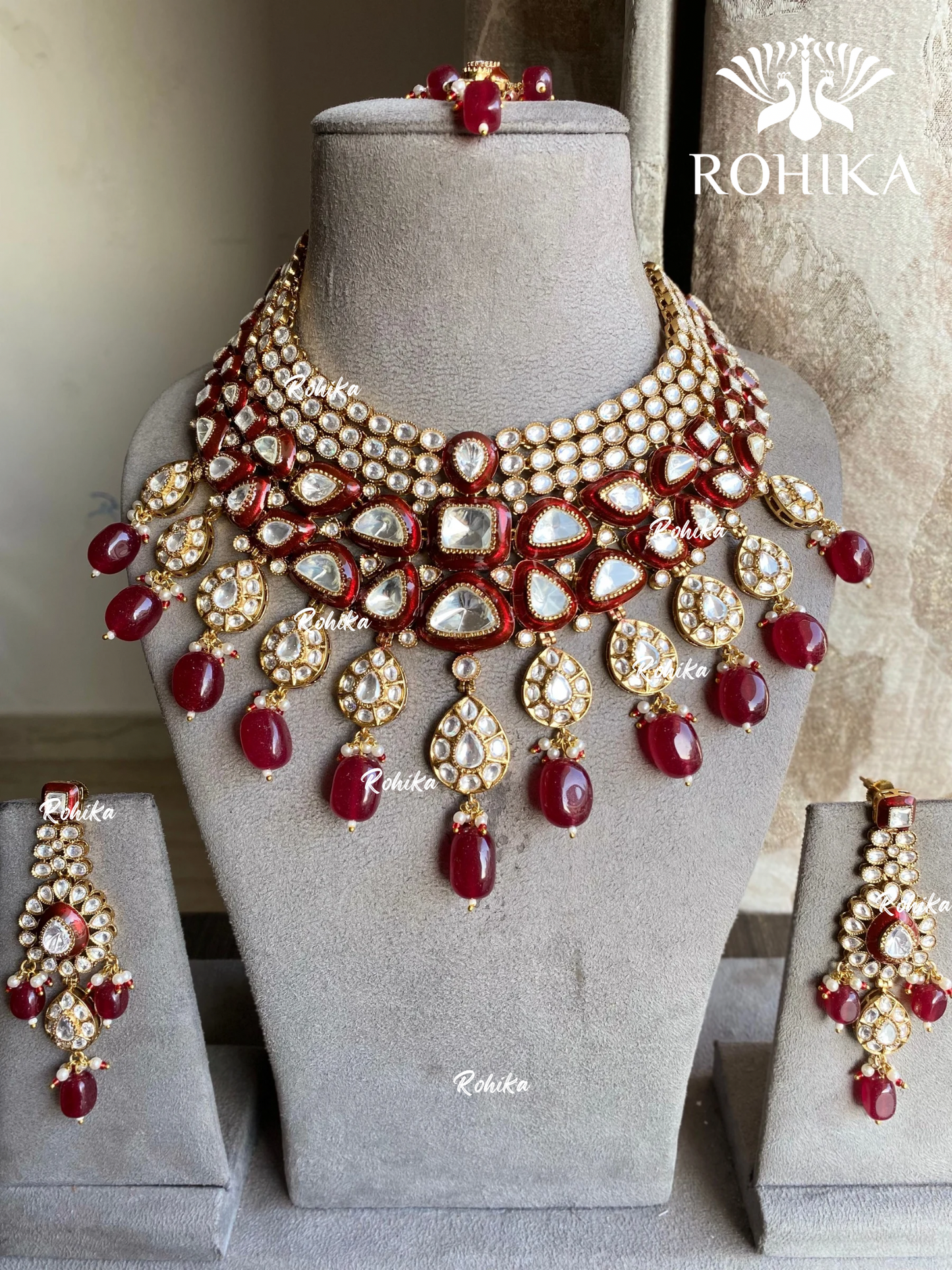 Paheli meenakari moisanite bridal necklace set - Red