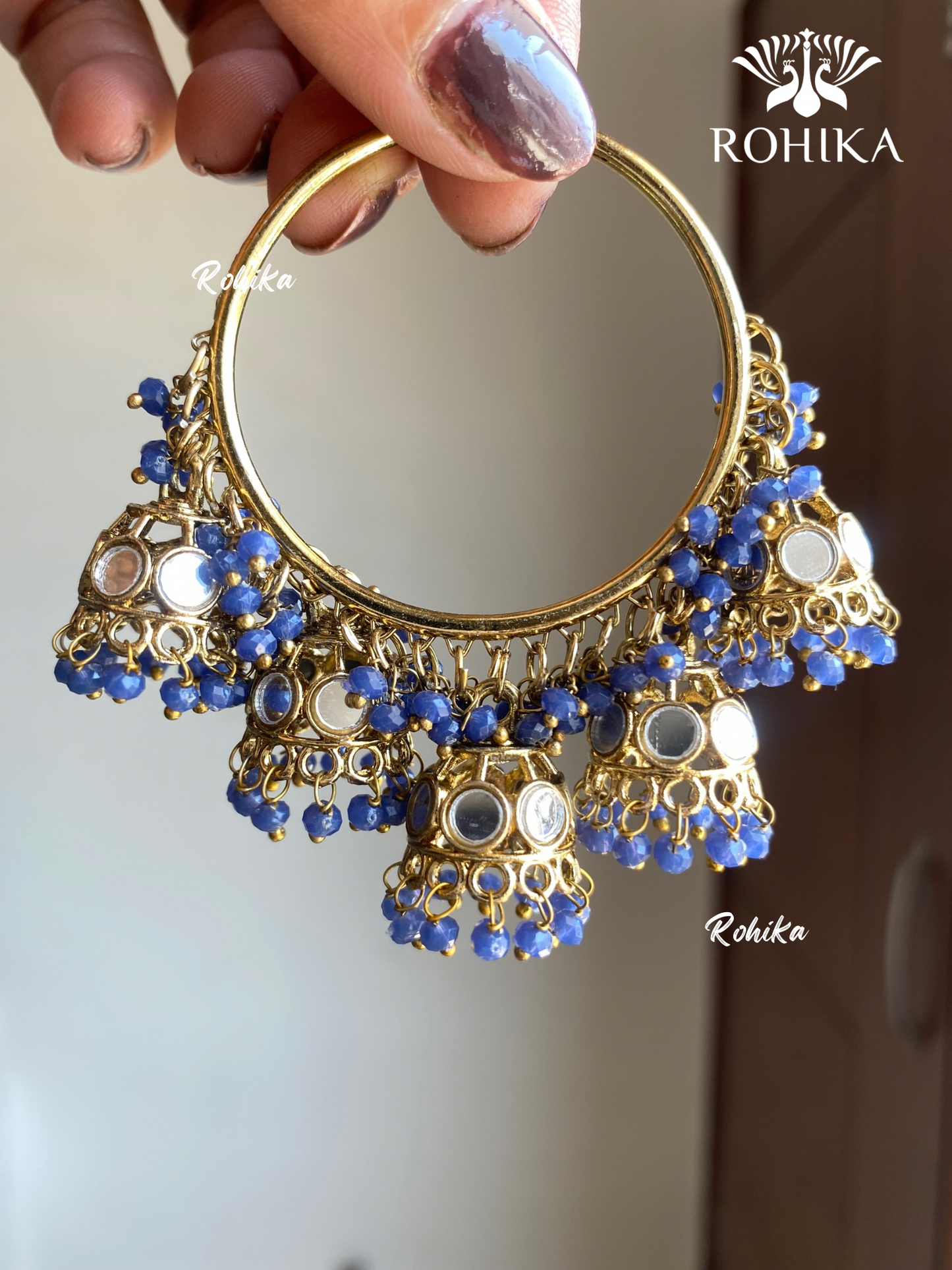 Leena mirror jhumki bali earrings - Dark blue