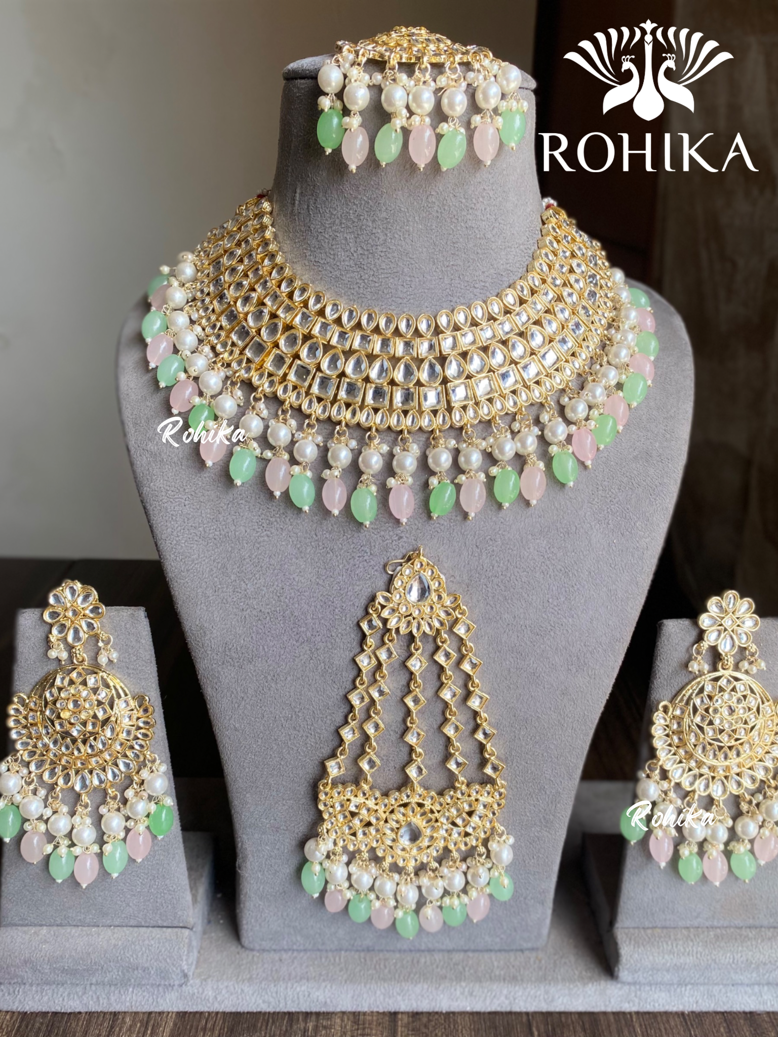 Shehzadi Dabi Kundan semi-bridal necklace set - Multi (Pink and Mint)