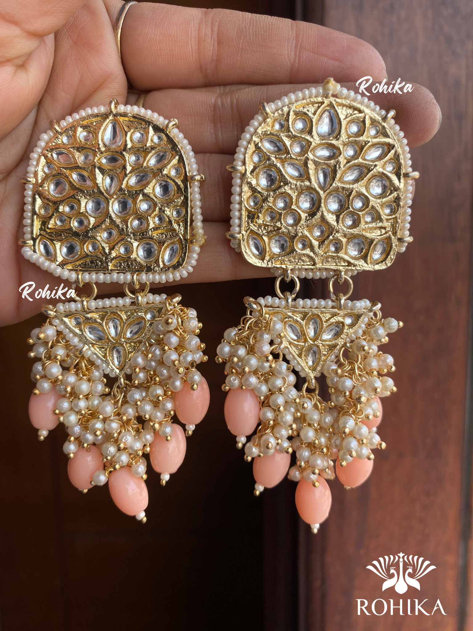 Rosy kundan earrings -Peach