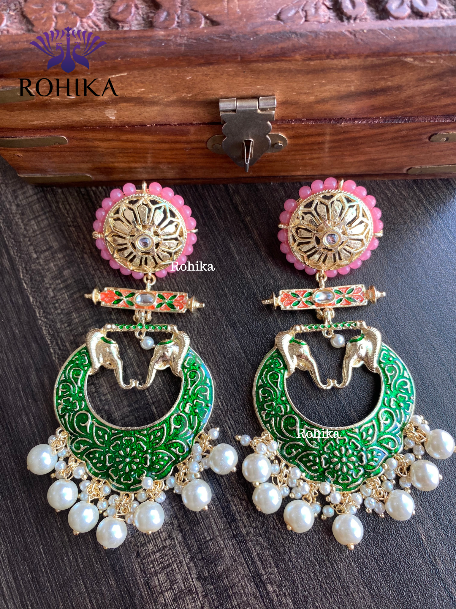 Gaja meenakari earrings - Dark Green