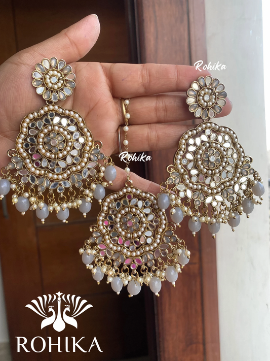 Rashi mirror earrings tikka combo - Multi colour