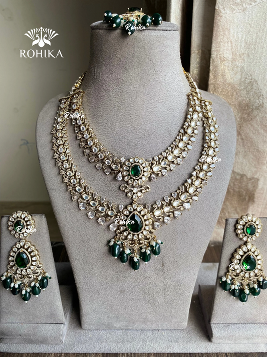 Kesar moisanite long necklace set - Dark green