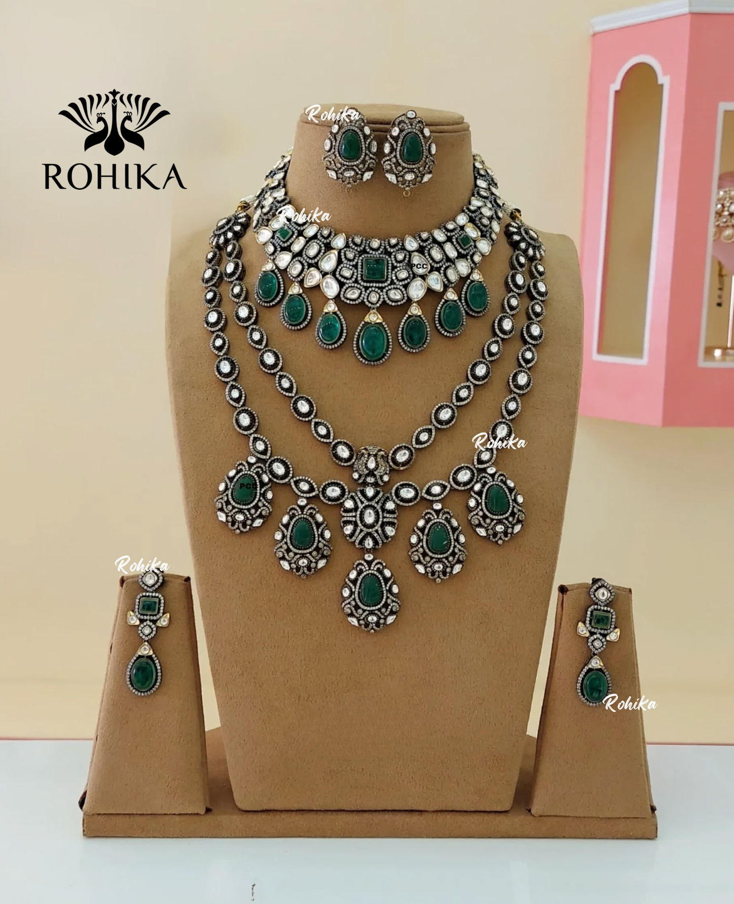 Asani polki kundan bridal combo set - Dark green