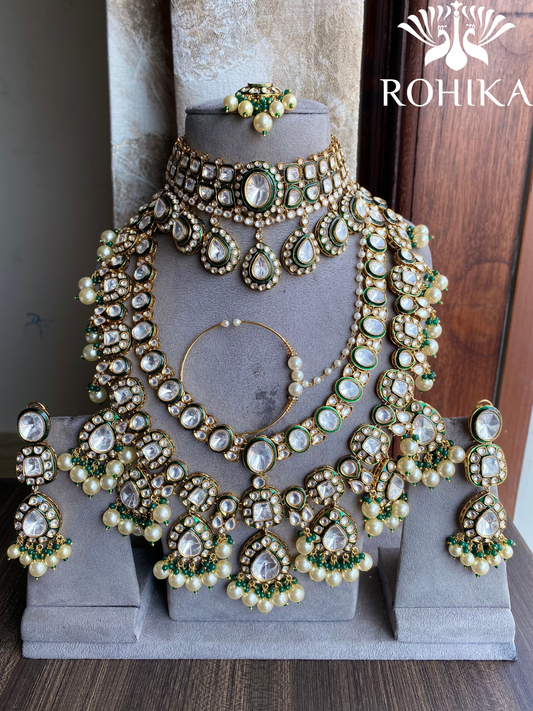 Jal bikaneri polki kundan bridal combo set - Dark Green