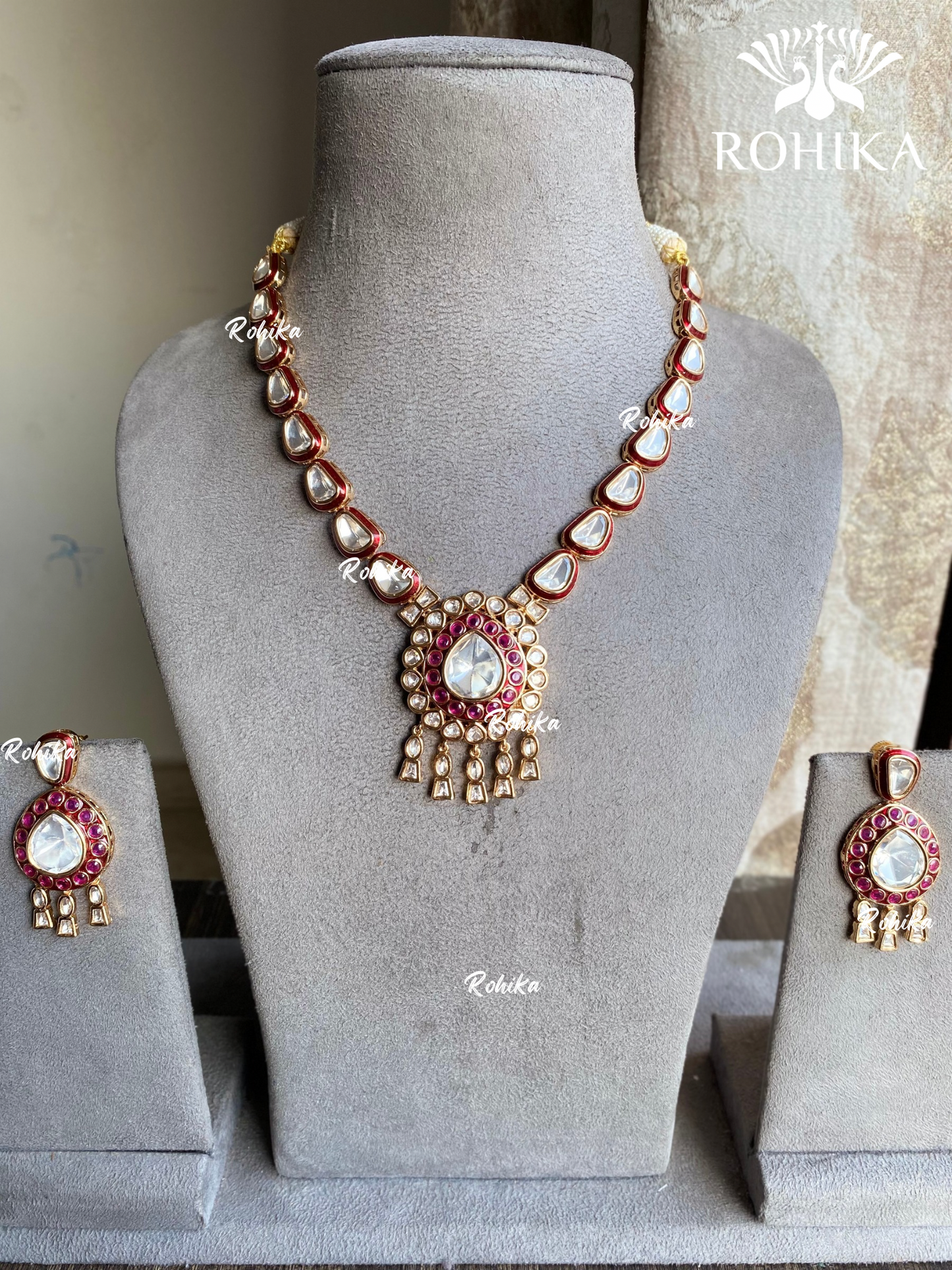 Shaira moisanite polki necklace set - Red