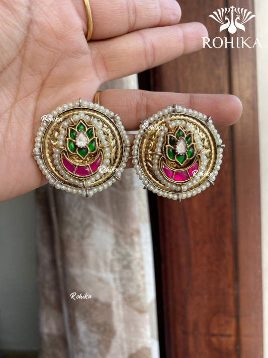 Banjara fusion Studs earrings (FE-018) - Green & pink