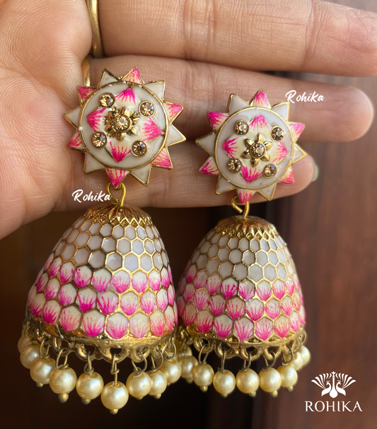 Tripti meenakari jhumka earrings - Pink & grey