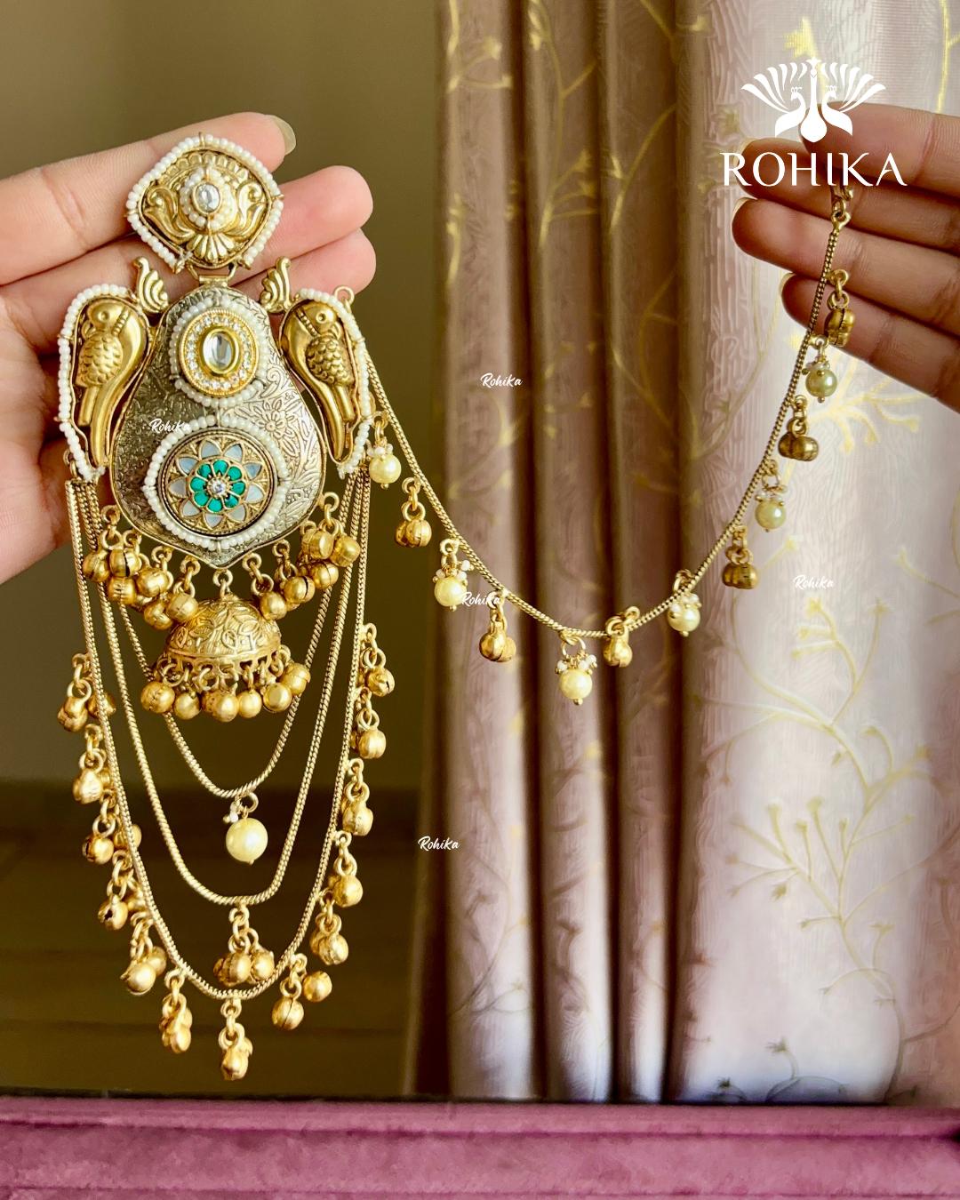 Piya polki jhumka earrings with earchains(EE-005)- White and Mint Green