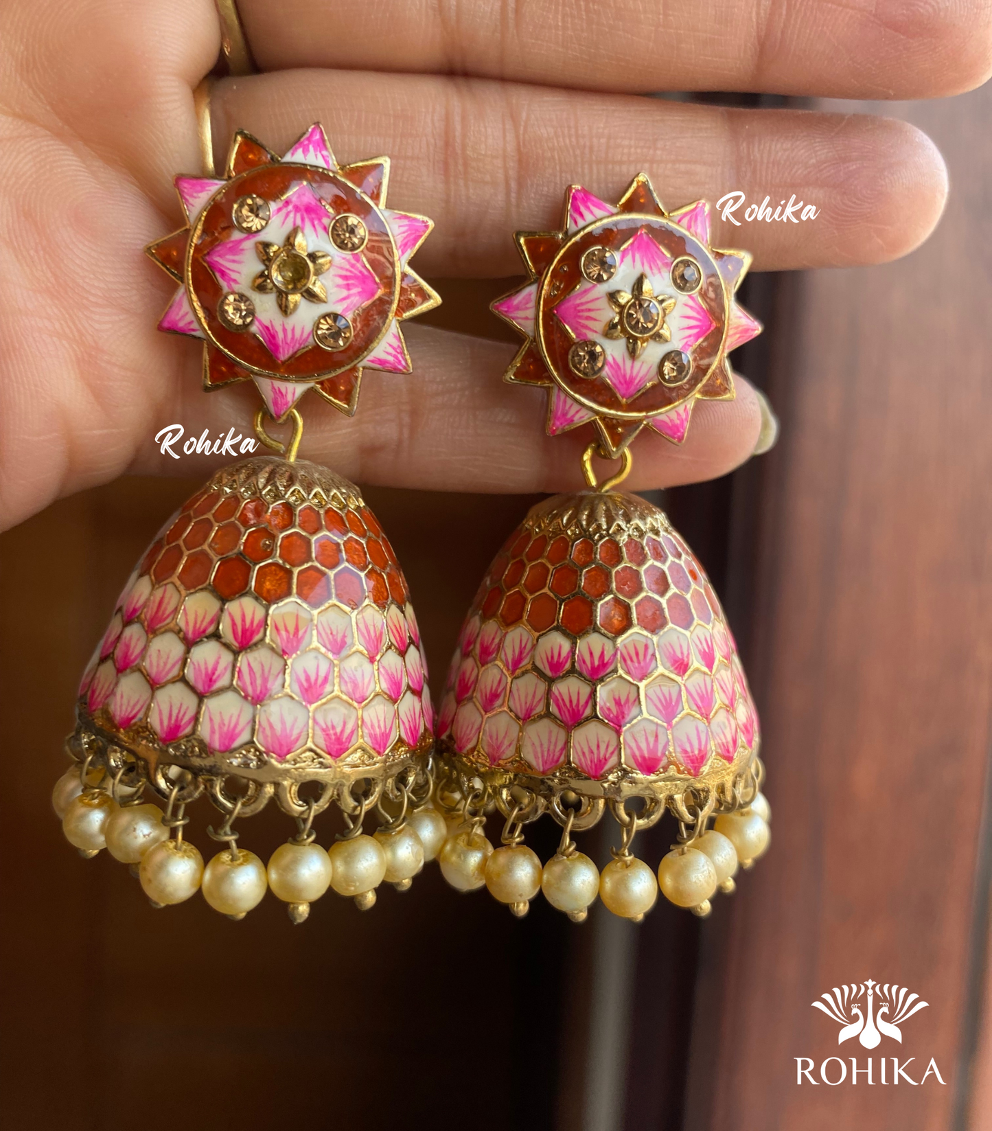 Tripti meenakari jhumka earrings- Red and pink