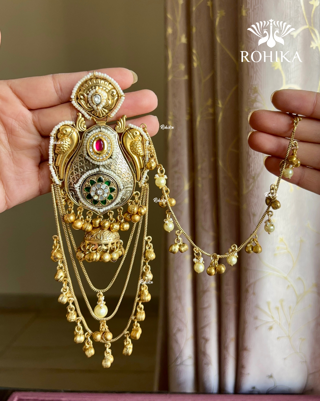 Piya polki jhumka earrings with earchains(EE-005)- Red and Green