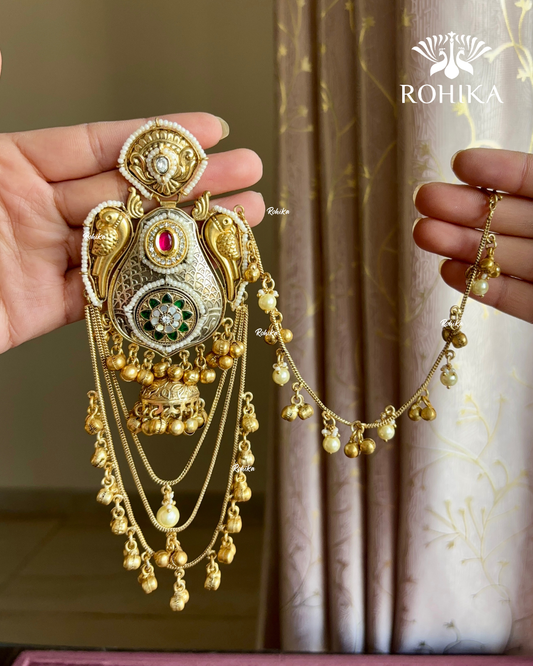 Piya polki jhumka earrings with earchains(EE-005)- Red and Green