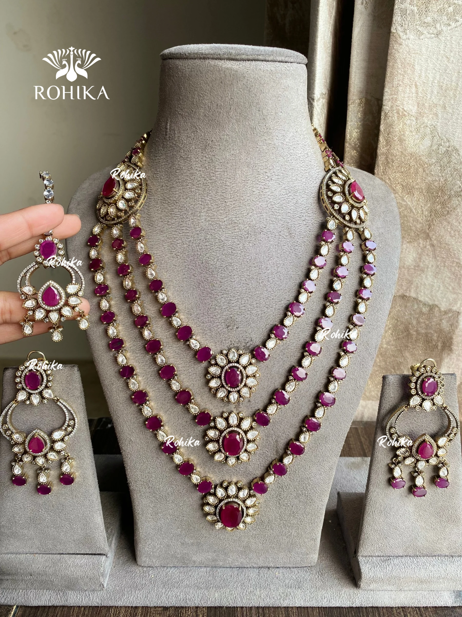 Ekatra moisanite long necklace set - Megenta pink