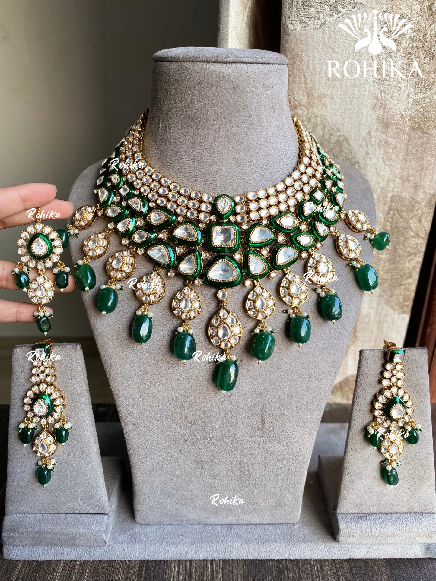 Paheli meenakari kundan bridal necklace set - Dark green