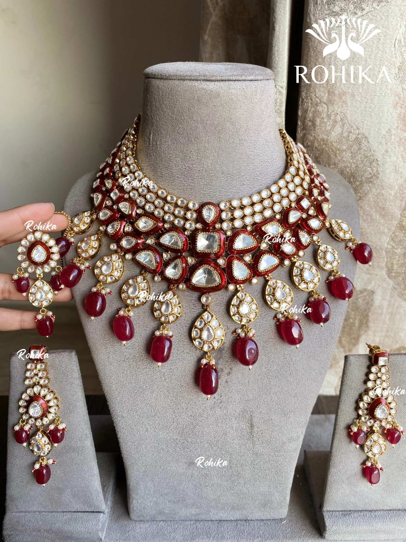 Paheli meenakari moisanite bridal necklace set - Red