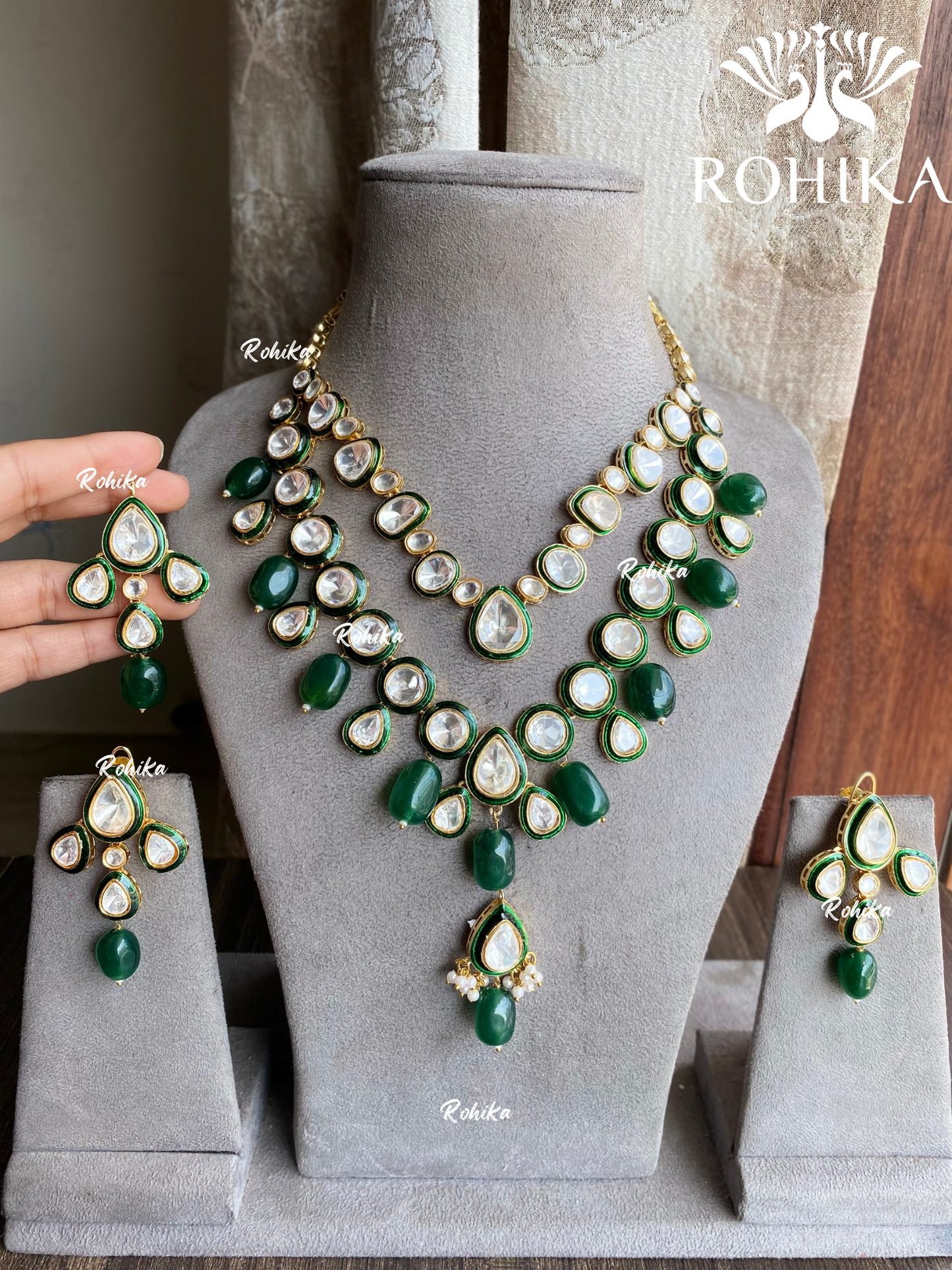 Oorja moisanite necklace set - Dark green