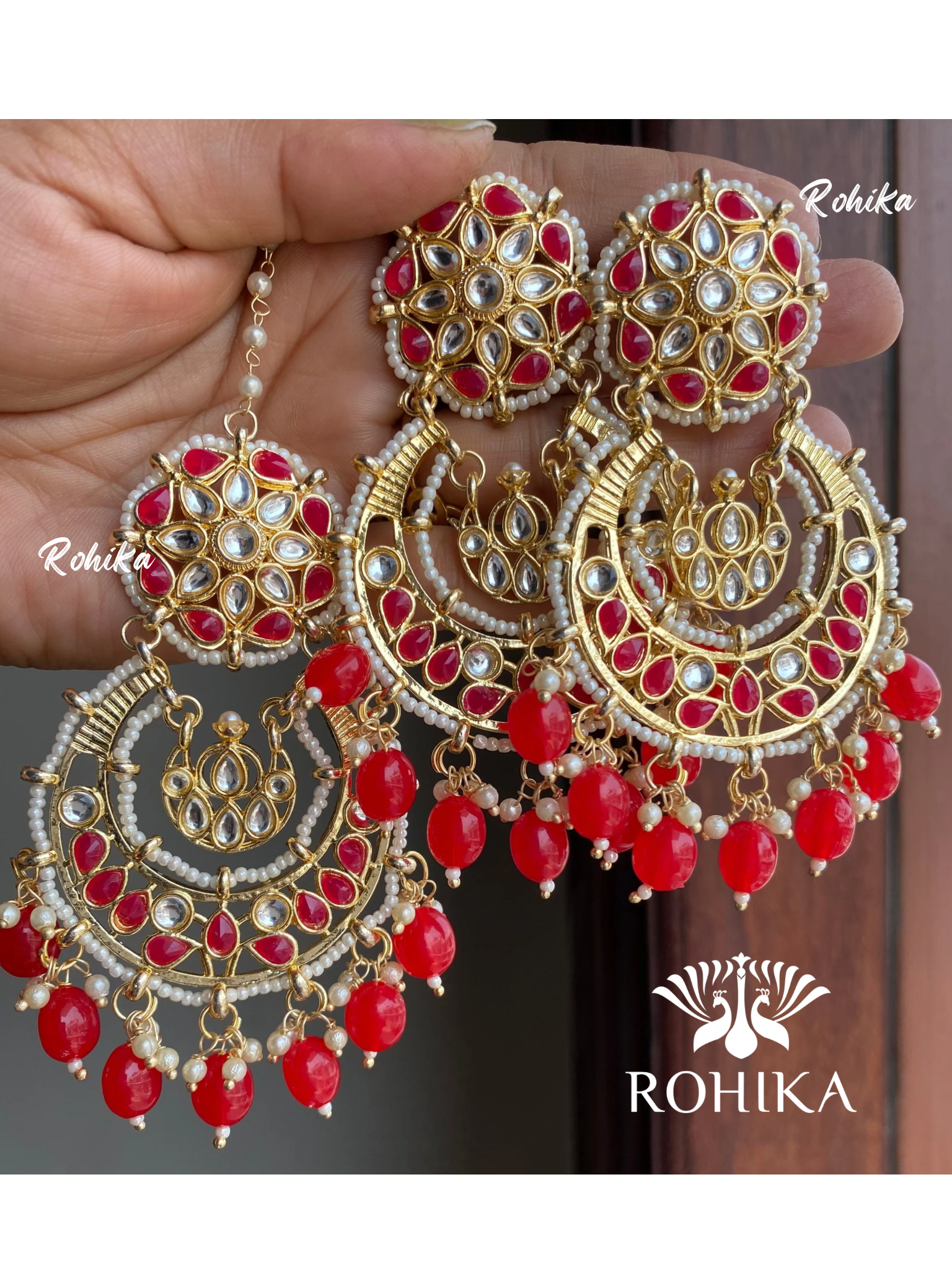 Karina earrings and maangtikka combo - Red