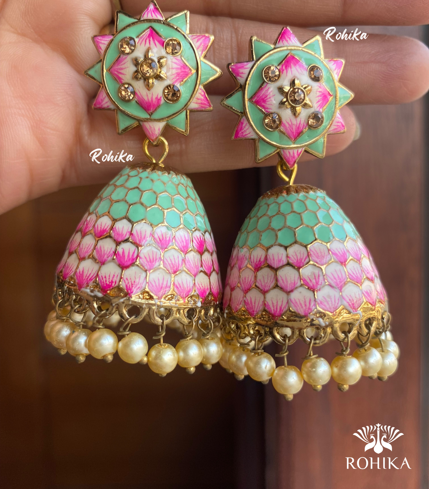 Tripti meenakari jhumka earrings-pink &Mint green 