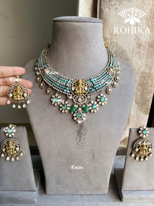 Laxmi moisanite polki necklace set - Mint Green