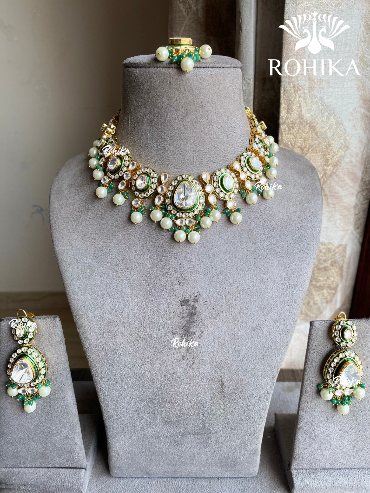 Kaira Polki Kundan Bridal Necklace Set - Green - Rohika store 