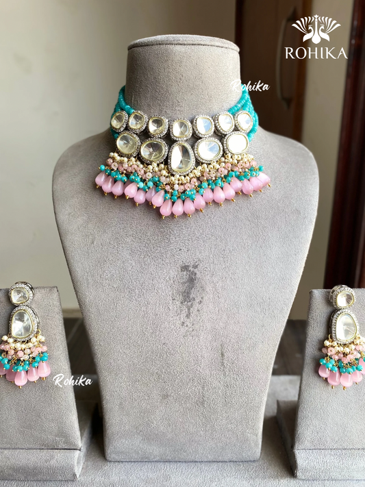 Laisha polki kundan necklace set - Blue and pink