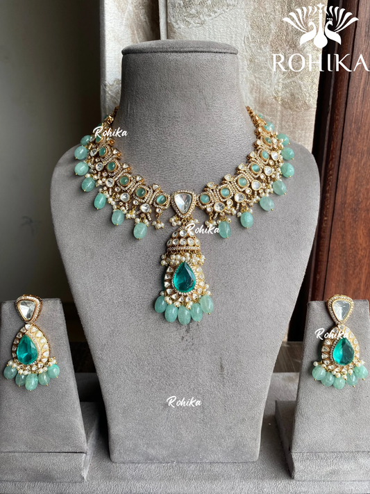 Ismi polki kundan necklace set - Mint green