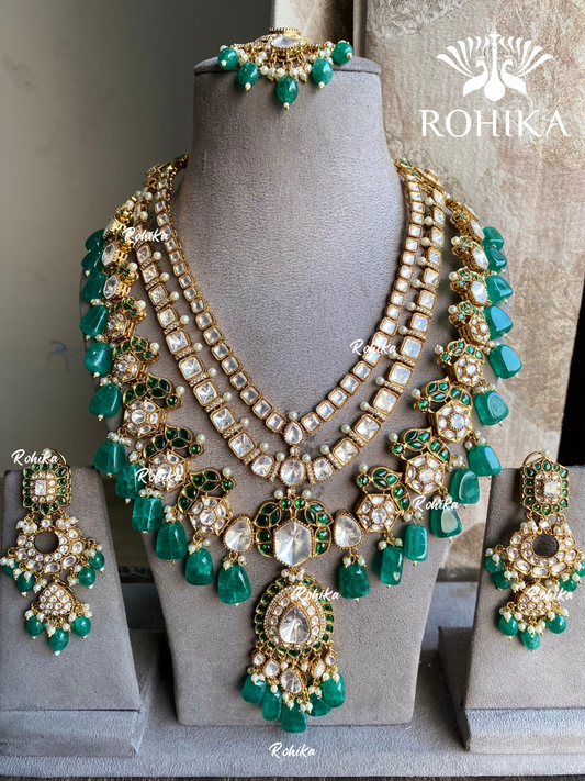 Anika bikaneri jadau kundan long necklace set - Dark green