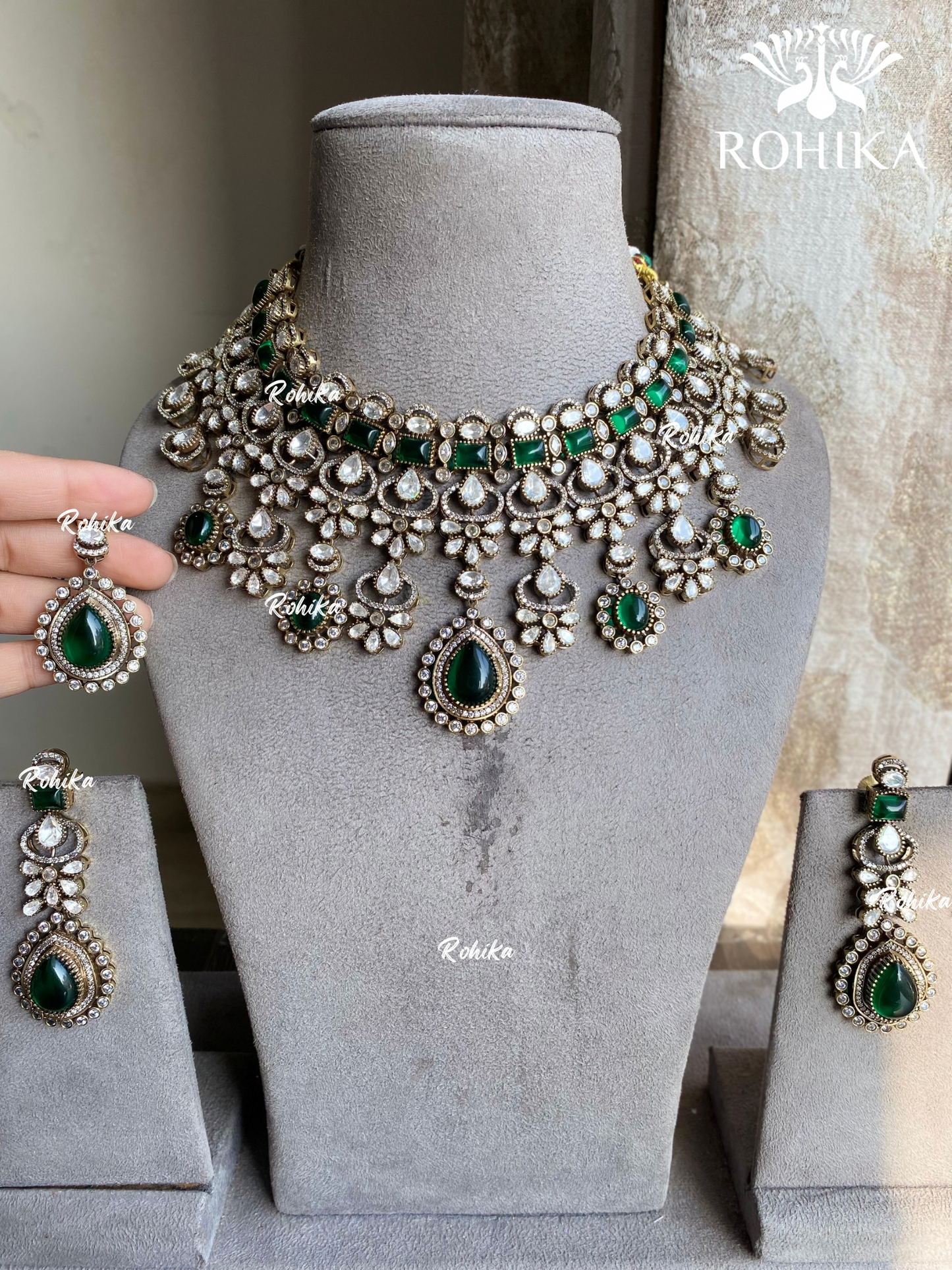 Shalini moisanite bridal necklace set - Dark Green