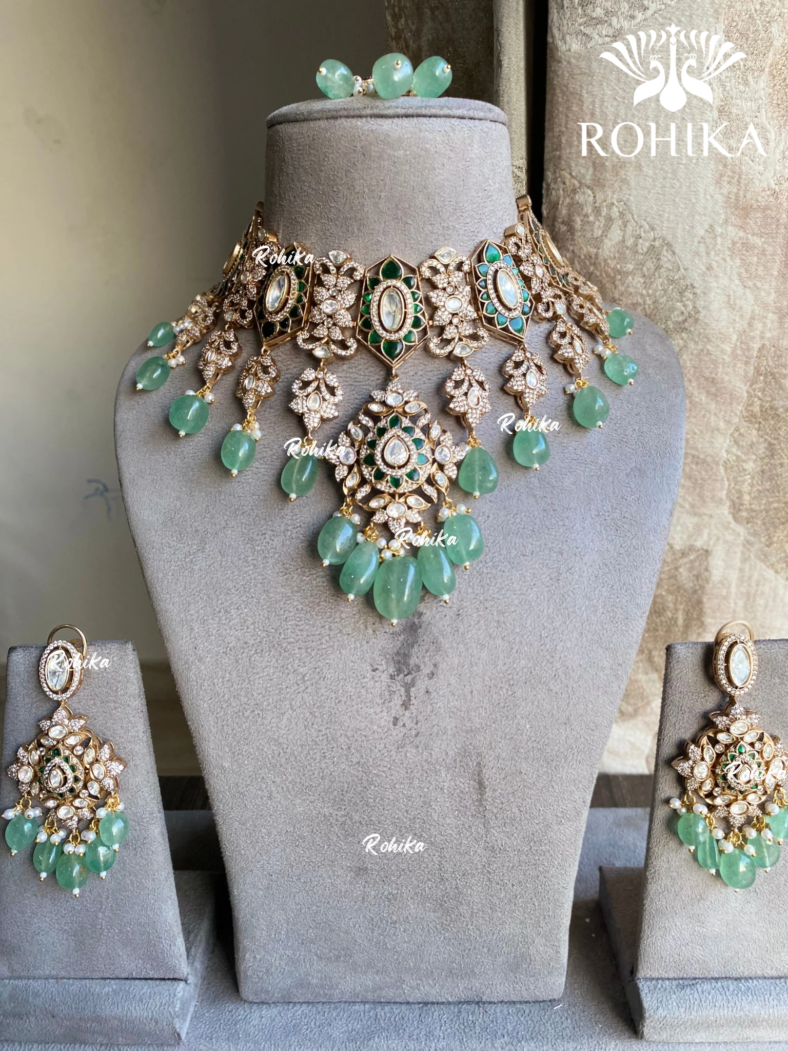 Mugdha moisanite choker set - Mint green