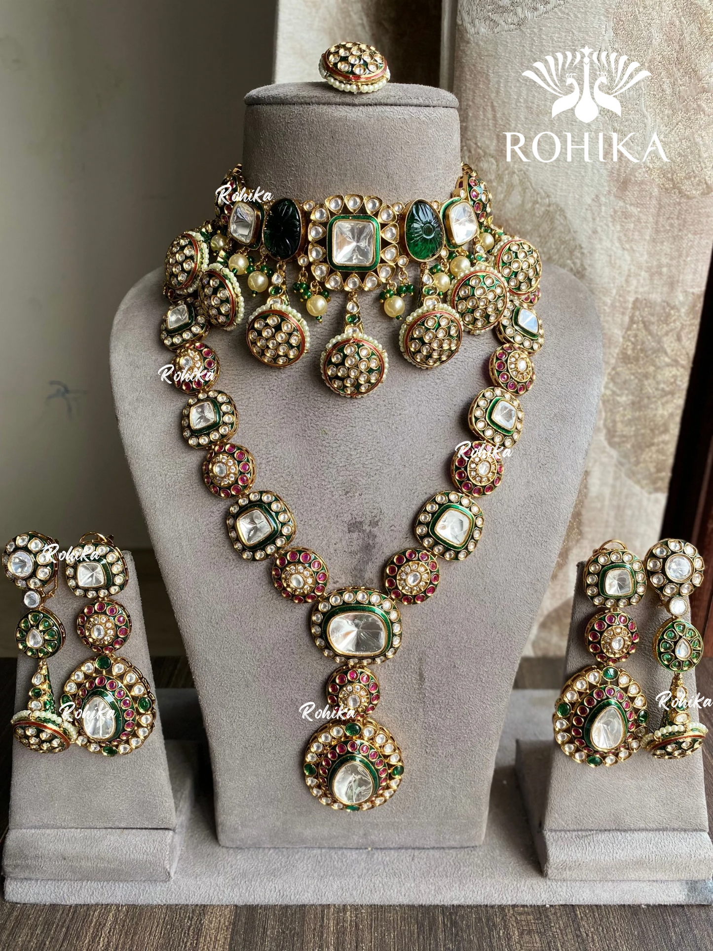 Piyani bikaneri polki kundan bridal combo set - Green