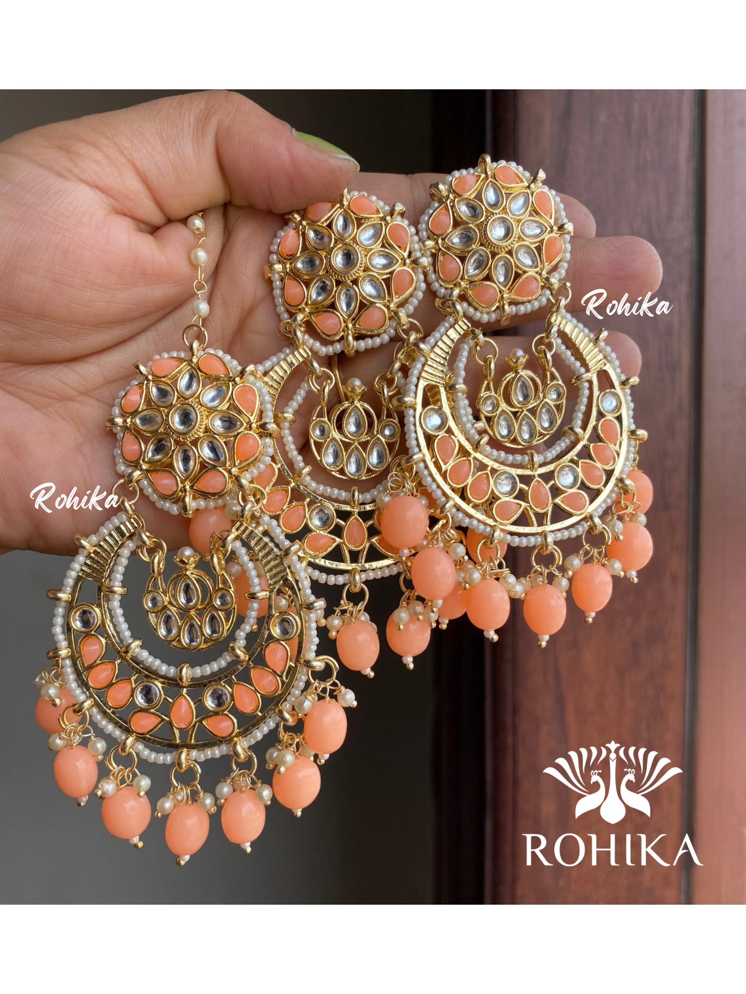 Karina earrings and maangtikka combo - Peach