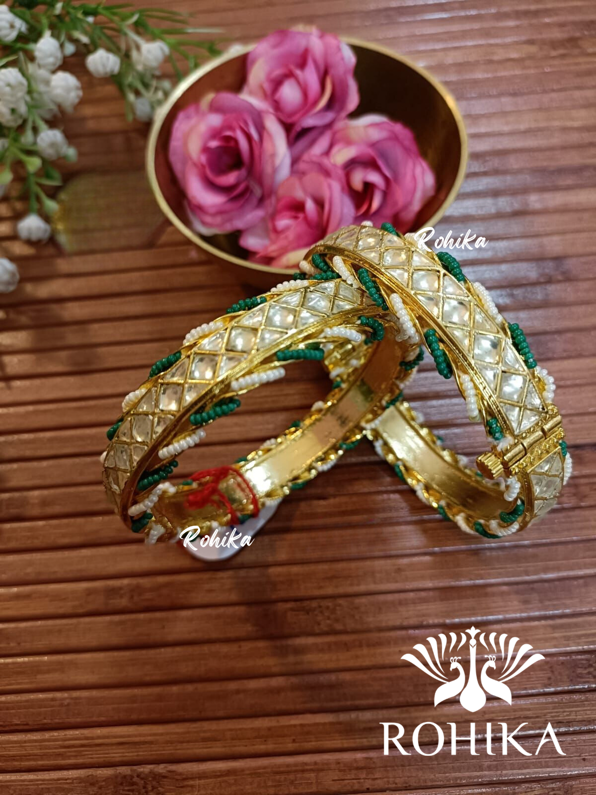 Pachhi kundan bangles - white and green  (Pkb006-G)