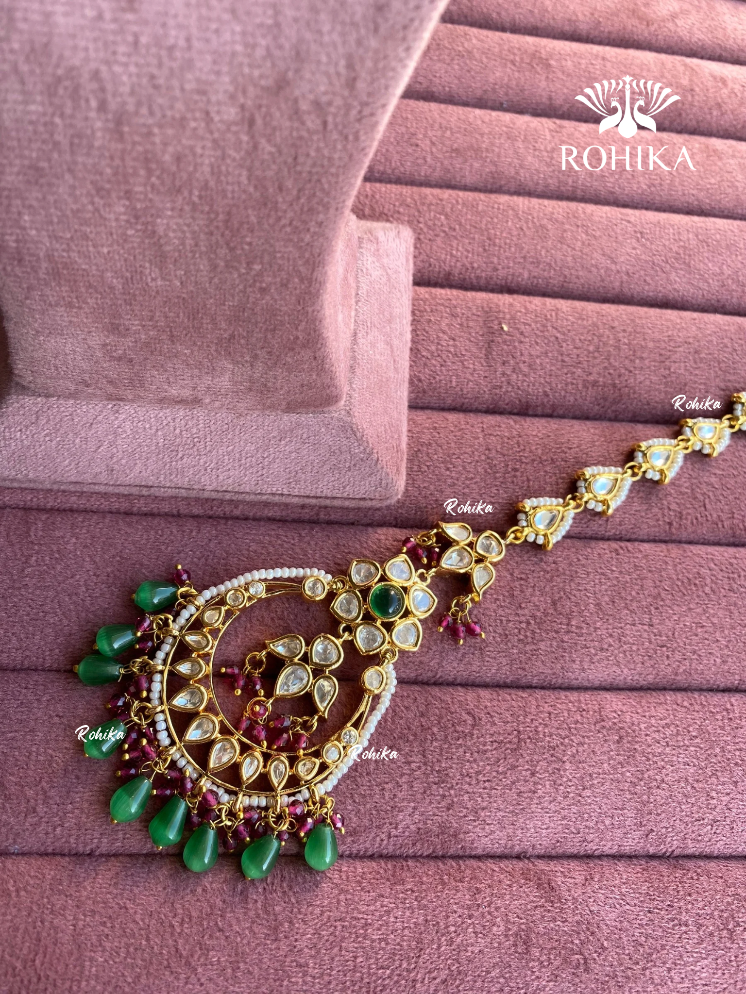 Polki kundan maangtikka (PLKM-040) - Green & pink